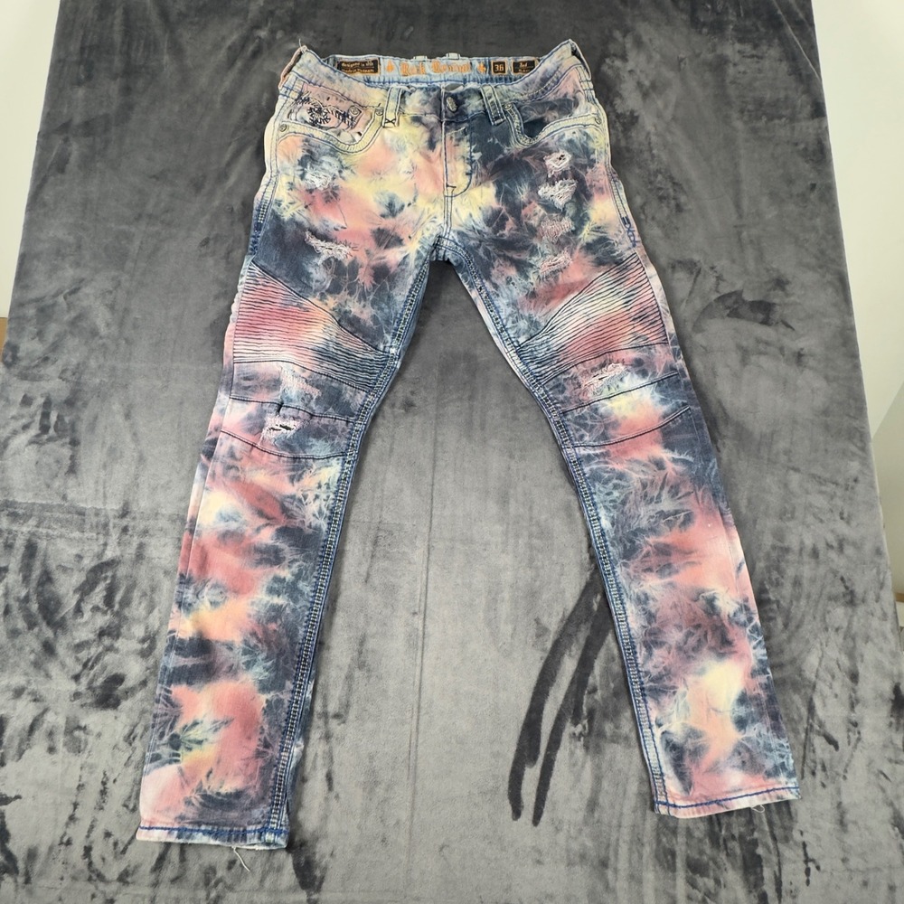 Rock Revival Jed Biker Jeans Mens 36 Tie Dye Distressed Moto Denim TM9650K20S